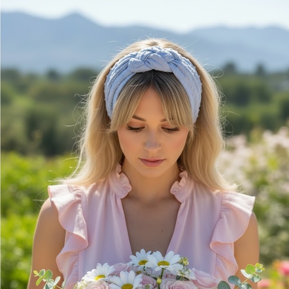 Light Blue Swiss Dot Sailor Knot Headband, Handmade & New Without Tag - Picture 4 of 9